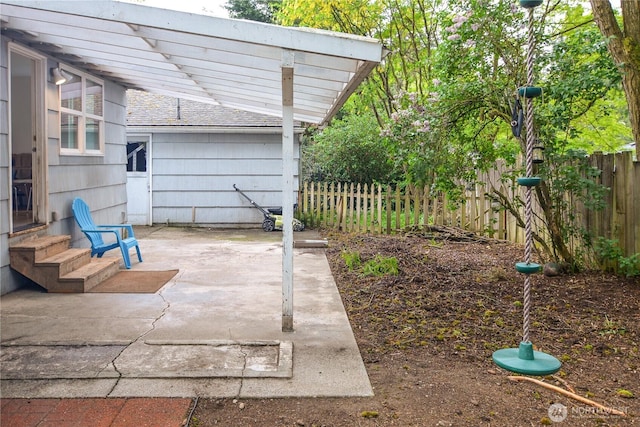 1917 NE 143rd St, Seattle, WA 98125 - view of patio featuring fence, a pergola, and entry steps