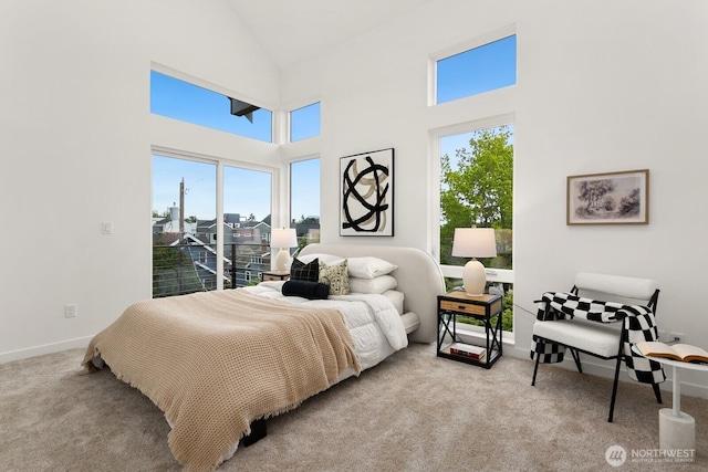8333 14th Ave NW Unit A, Seattle, WA 98117 - carpeted bedroom featuring multiple windows, baseboards, high vaulted ceiling, and access to exterior