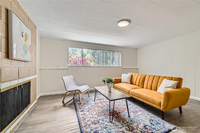 living room with wood finished floors, a fireplace, and baseboards