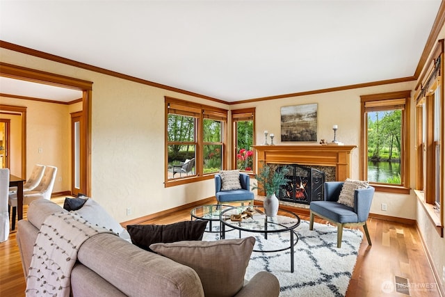 living room with light wood finished floors, baseboards, a premium fireplace, and crown molding