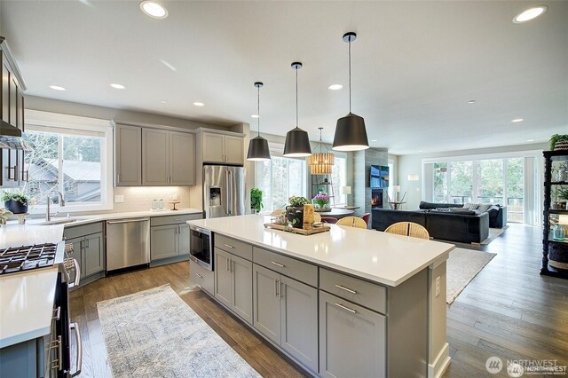 7223 NE 118th Ct, Kirkland, WA 98034 - kitchen featuring stainless steel appliances, gray cabinets, a sink, light countertops, and recessed lighting