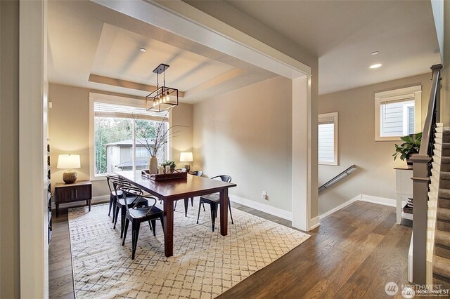 7223 NE 118th Ct, Kirkland, WA 98034 - dining room featuring wood finished floors, baseboards, plenty of natural light, stairs, and recessed lighting