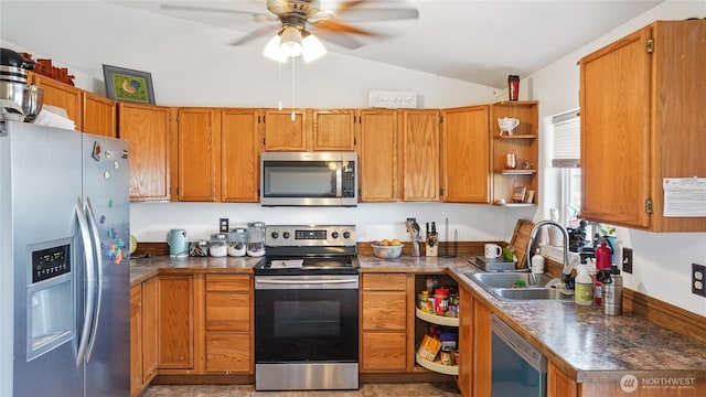 1115 S Rose Pl, Othello, WA 99344 - kitchen featuring appliances with stainless steel finishes, open shelves, a sink, vaulted ceiling, and a ceiling fan