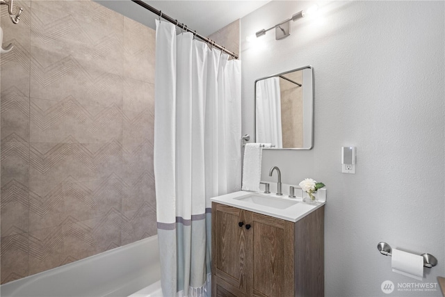 17905 NE 19th Pl, Bellevue, WA 98008 - bathroom with vanity and shower / bath combo with shower curtain
