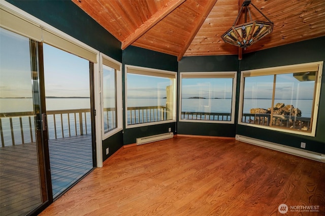 585 Raccoon Point Rd, Orcas Island, WA 98245 - unfurnished sunroom with wood ceiling, a baseboard radiator, a water view, and wood finished floors