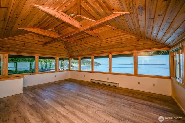 585 Raccoon Point Rd, Orcas Island, WA 98245 - unfurnished sunroom with a baseboard heating unit, wood ceiling, and wood finished floors