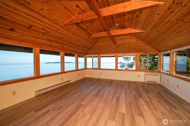 585 Raccoon Point Rd, Orcas Island, WA 98245 - unfurnished sunroom with baseboard heating, wooden ceiling, wood finished floors, heating unit, and a water view