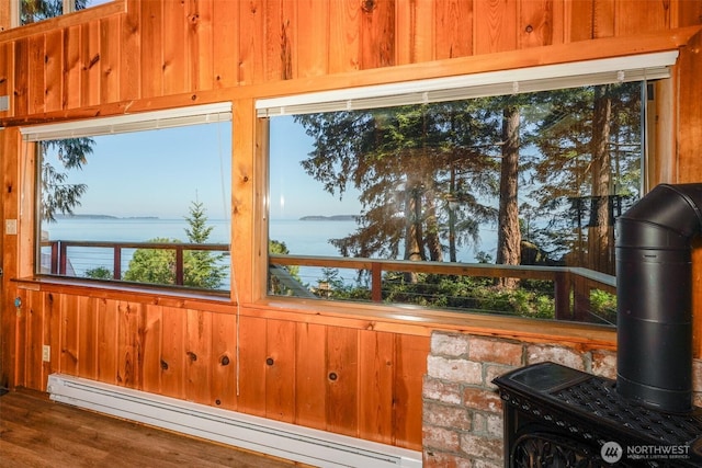 585 Raccoon Point Rd, Orcas Island, WA 98245 - unfurnished sunroom with a baseboard heating unit, a water view, and plenty of natural light