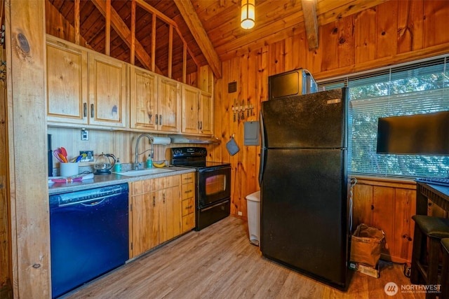 585 Raccoon Point Rd, Orcas Island, WA 98245 - kitchen featuring black appliances, a sink, light wood-type flooring, wood ceiling, and wooden walls