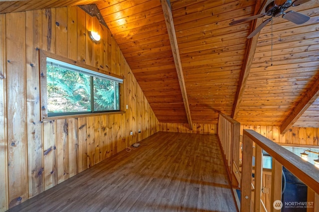585 Raccoon Point Rd, Orcas Island, WA 98245 - additional living space featuring wooden ceiling, wooden walls, wood finished floors, and ceiling fan
