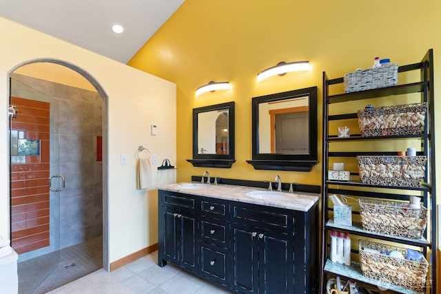 1433 Madison St, Port Townsend, WA 98368 - full bath with double vanity, tile patterned flooring, a shower stall, and baseboards