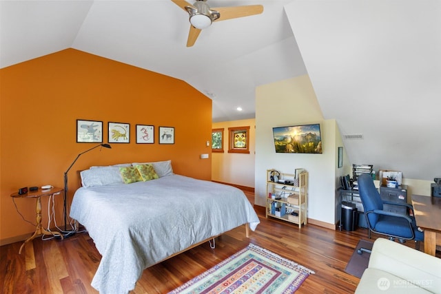 1433 Madison St, Port Townsend, WA 98368 - bedroom featuring vaulted ceiling, wood finished floors, and a ceiling fan