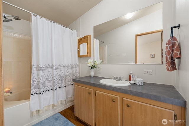 300 E Skookum Dr NE, Shelton, WA 98584 - full bathroom with vanity, shower / tub combo with curtain, and wood finished floors