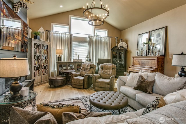 1774 Farmview Ter, Lynden, WA 98264 - living room with a chandelier, wood finished floors, high vaulted ceiling, and recessed lighting