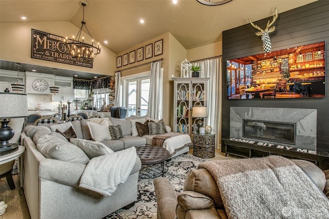 1774 Farmview Ter, Lynden, WA 98264 - living area featuring a chandelier, high vaulted ceiling, wood finished floors, and recessed lighting