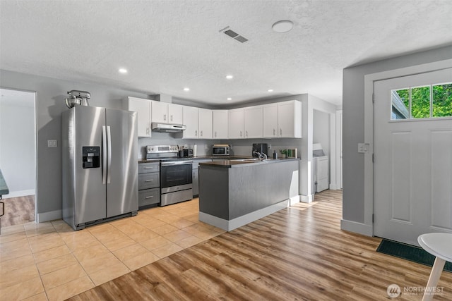 kitchen with appliances with stainless steel finishes, under cabinet range hood, white cabinets, a sink, and a peninsula