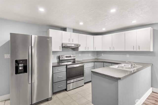 kitchen with appliances with stainless steel finishes, under cabinet range hood, a sink, a peninsula, and white cabinets