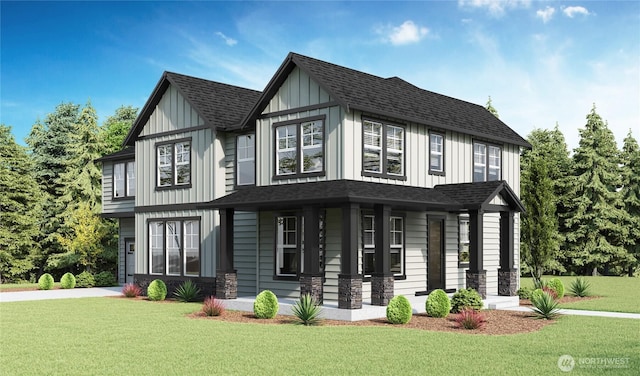 13213 164th Ave SE Unit 205, Renton, WA 98059 - view of front of home featuring covered porch, a front yard, board and batten siding, a shingled roof, and stone siding