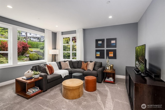 8326 84th Ave SE, Mercer Island, WA 98040 - living area featuring carpet flooring, baseboards, plenty of natural light, and recessed lighting