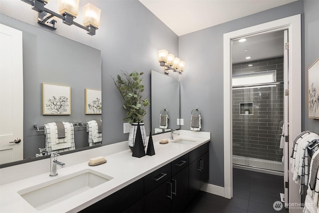 8326 84th Ave SE, Mercer Island, WA 98040 - full bathroom featuring double vanity, tile patterned floors, a shower stall, baseboards, and recessed lighting