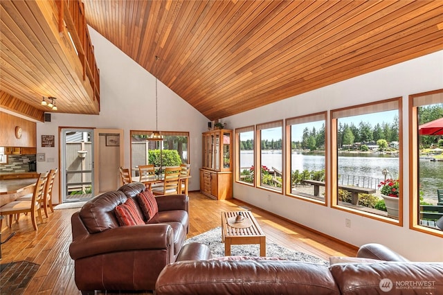 130 E Way To Tipperary St, Shelton, WA 98584 - living area with high vaulted ceiling, a chandelier, a water view, light wood-style flooring, and wooden ceiling