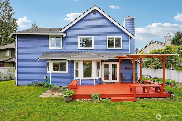 3008 S 365th Ct, Federal Way, WA 98003 - rear view of property with a deck, french doors, a chimney, a pergola, and roof with shingles