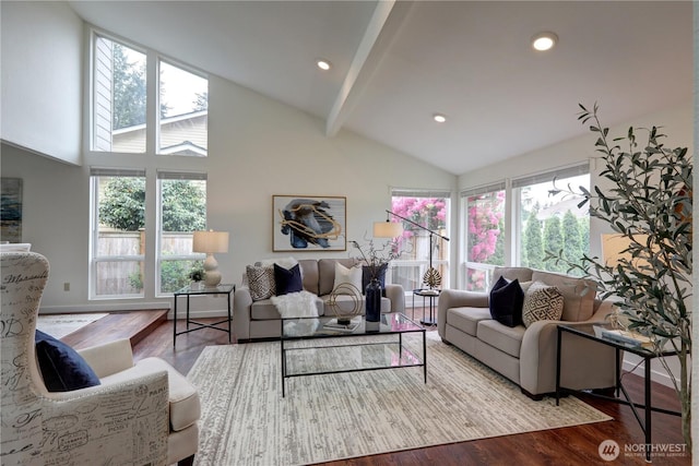 living room with beamed ceiling, wood finished floors, recessed lighting, and high vaulted ceiling