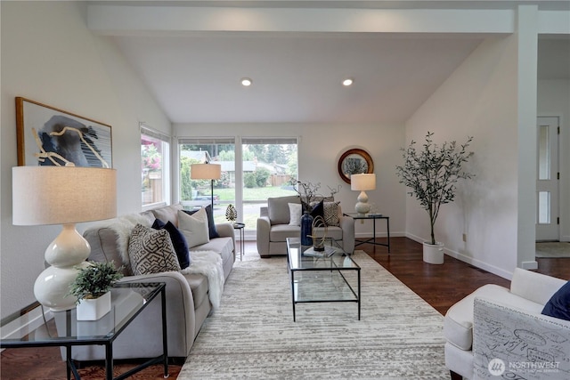 living area featuring wood finished floors, baseboards, and recessed lighting