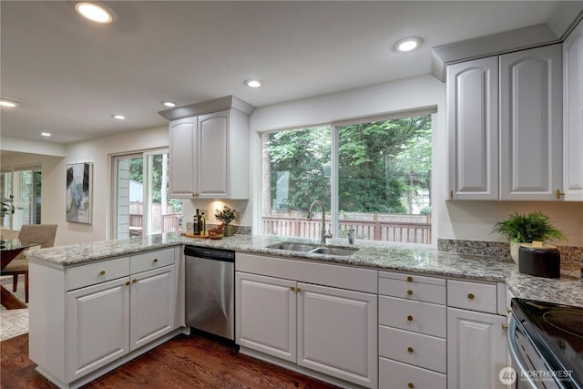 kitchen with stainless steel dishwasher, a sink, a peninsula, dark wood-style flooring, and light stone counters