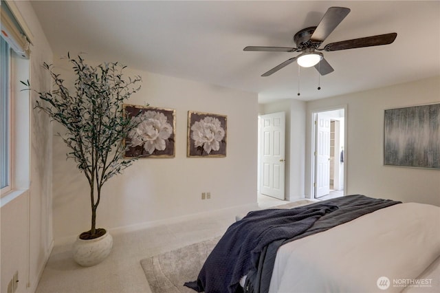 bedroom featuring carpet flooring, ceiling fan, and baseboards