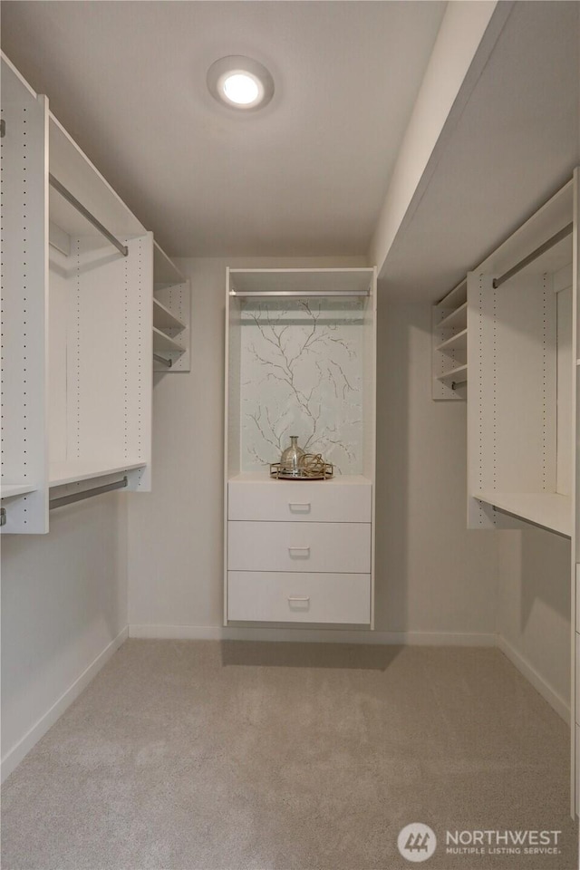 walk in closet featuring light carpet