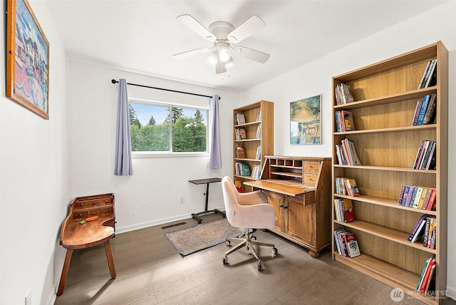 office area with wood finished floors, ceiling fan, and baseboards