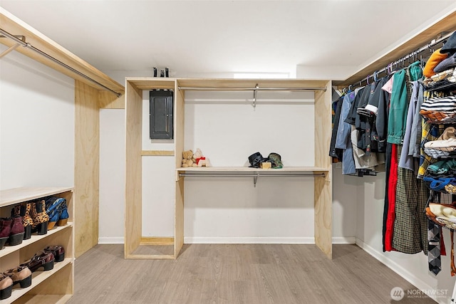 spacious closet with wood finished floors and electric panel