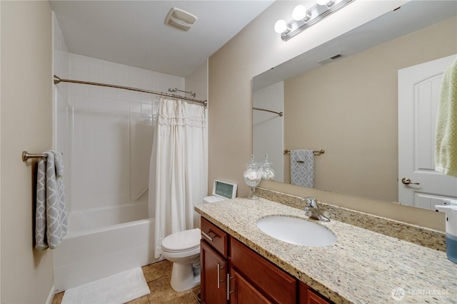 full bathroom with toilet, shower / bath combination with curtain, and vanity