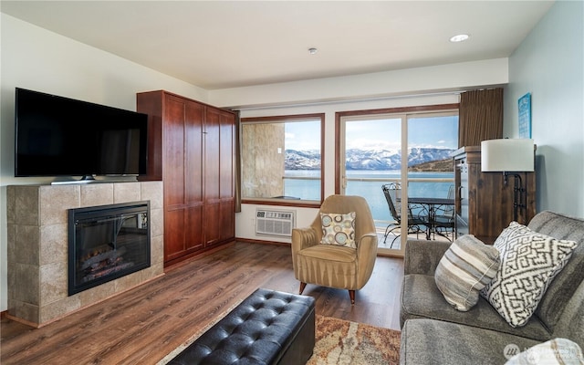322 W W Woodin Ave Unit 523, Chelan, WA 98816 - living area featuring a fireplace, wood finished floors, and a wall mounted AC