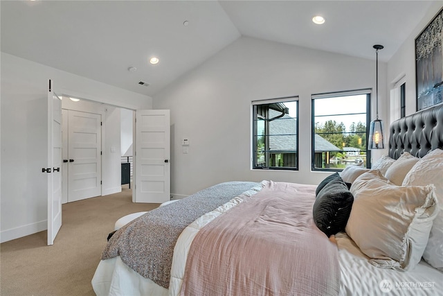 29108 218th Pl SE, Black Diamond, WA 98010 - bedroom with light carpet, vaulted ceiling, baseboards, and recessed lighting