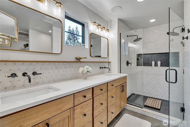 29108 218th Pl SE, Black Diamond, WA 98010 - full bathroom with a stall shower, tile walls, double vanity, and recessed lighting