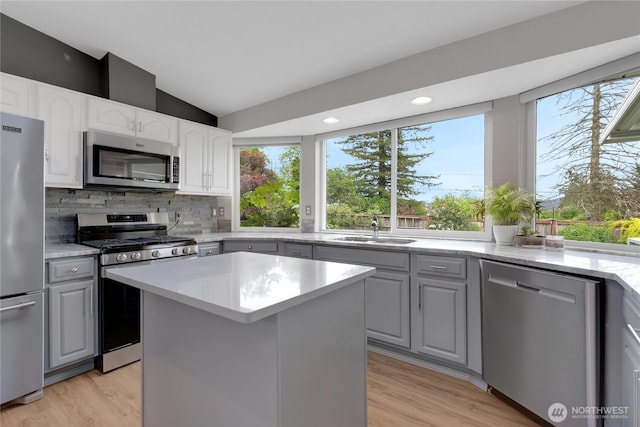 4112 Caldwell Rd E, Edgewood, WA 98372 - kitchen featuring stainless steel appliances, a sink, gray cabinets, healthy amount of natural light, and vaulted ceiling