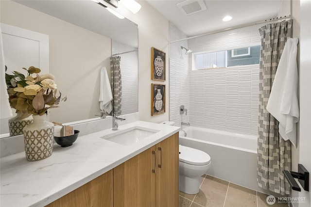 1740A NW 62nd St, Seattle, WA 98107 - full bathroom with shower / bath combination with curtain, vanity, toilet, tile patterned floors, and recessed lighting