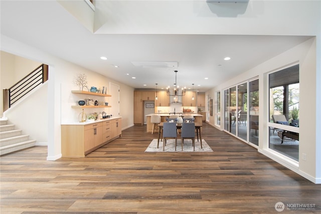 18809 94th Ave W, Edmonds, WA 98020 - dining room with dark wood-style floors, a chandelier, recessed lighting, stairway, and baseboards