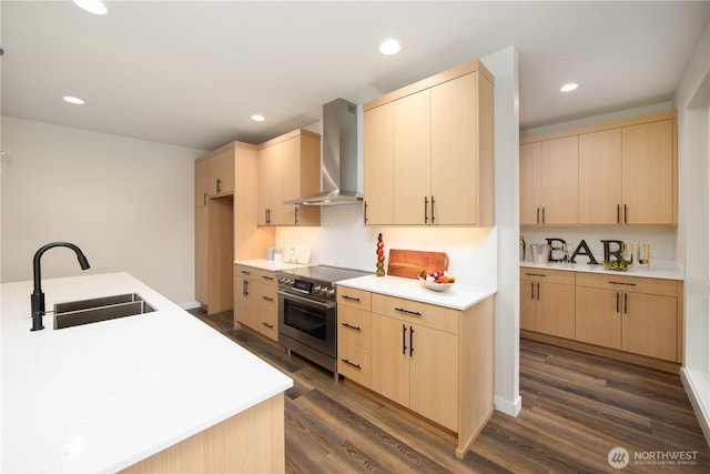 18809 94th Ave W, Edmonds, WA 98020 - kitchen with a sink, wall chimney exhaust hood, stainless steel electric stove, light brown cabinets, and recessed lighting