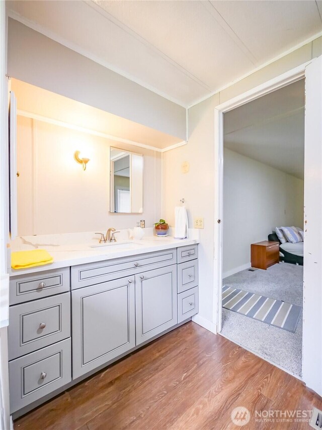 15712 123rd Ave SE, Yelm, WA 98597 - bathroom featuring wood finished floors, vanity, and baseboards