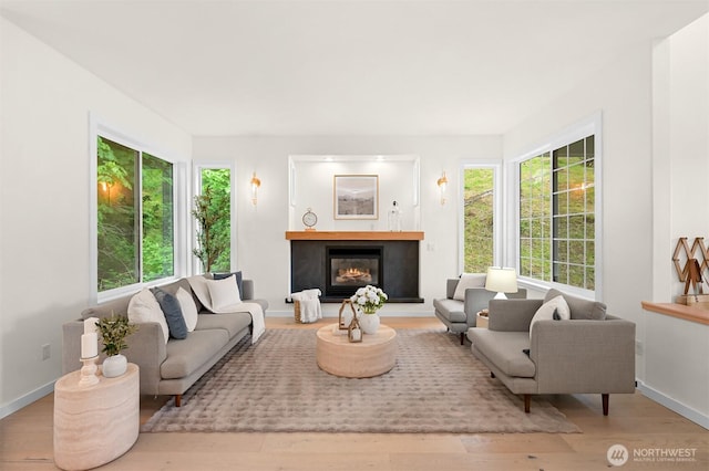 4964 Lewis Ave, Bellingham, WA 98229 - living area featuring healthy amount of natural light, wood finished floors, a glass covered fireplace, and baseboards