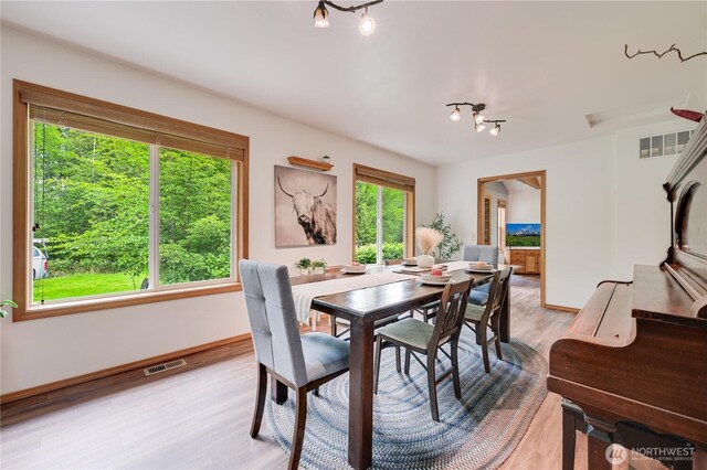 dining space featuring rail lighting, light wood-style flooring, and baseboards