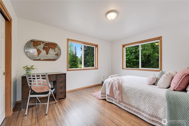bedroom featuring multiple windows, wood finished floors, and baseboards