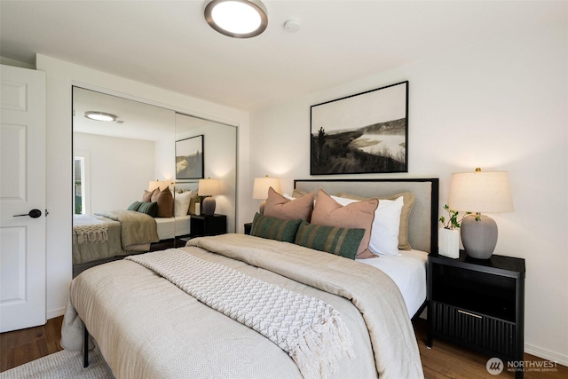 bedroom with wood finished floors and a closet