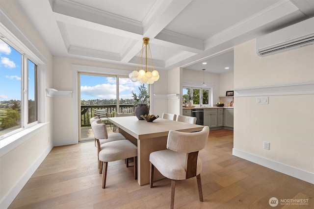 2711 10th Ave W, Seattle, WA 98119 - dining area with a wall unit AC, beamed ceiling, light wood-type flooring, coffered ceiling, and baseboards