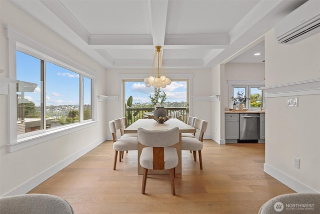 2711 10th Ave W, Seattle, WA 98119 - dining space with a wall unit AC, coffered ceiling, a chandelier, light wood-style flooring, and beamed ceiling