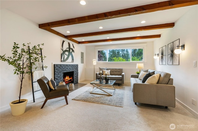 1831 201st Pl SW, Lynnwood, WA 98036 - carpeted living room featuring recessed lighting, beam ceiling, electric panel, and a fireplace