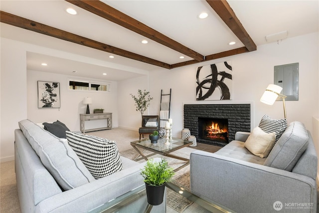 1831 201st Pl SW, Lynnwood, WA 98036 - carpeted living area with beamed ceiling, recessed lighting, a fireplace, and electric panel